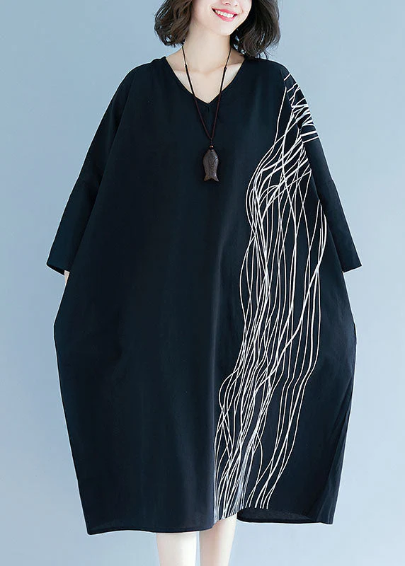 French Black Bat Wing Sleeve V Neck Print Patchwork Fall Maxi Dress - Image 2