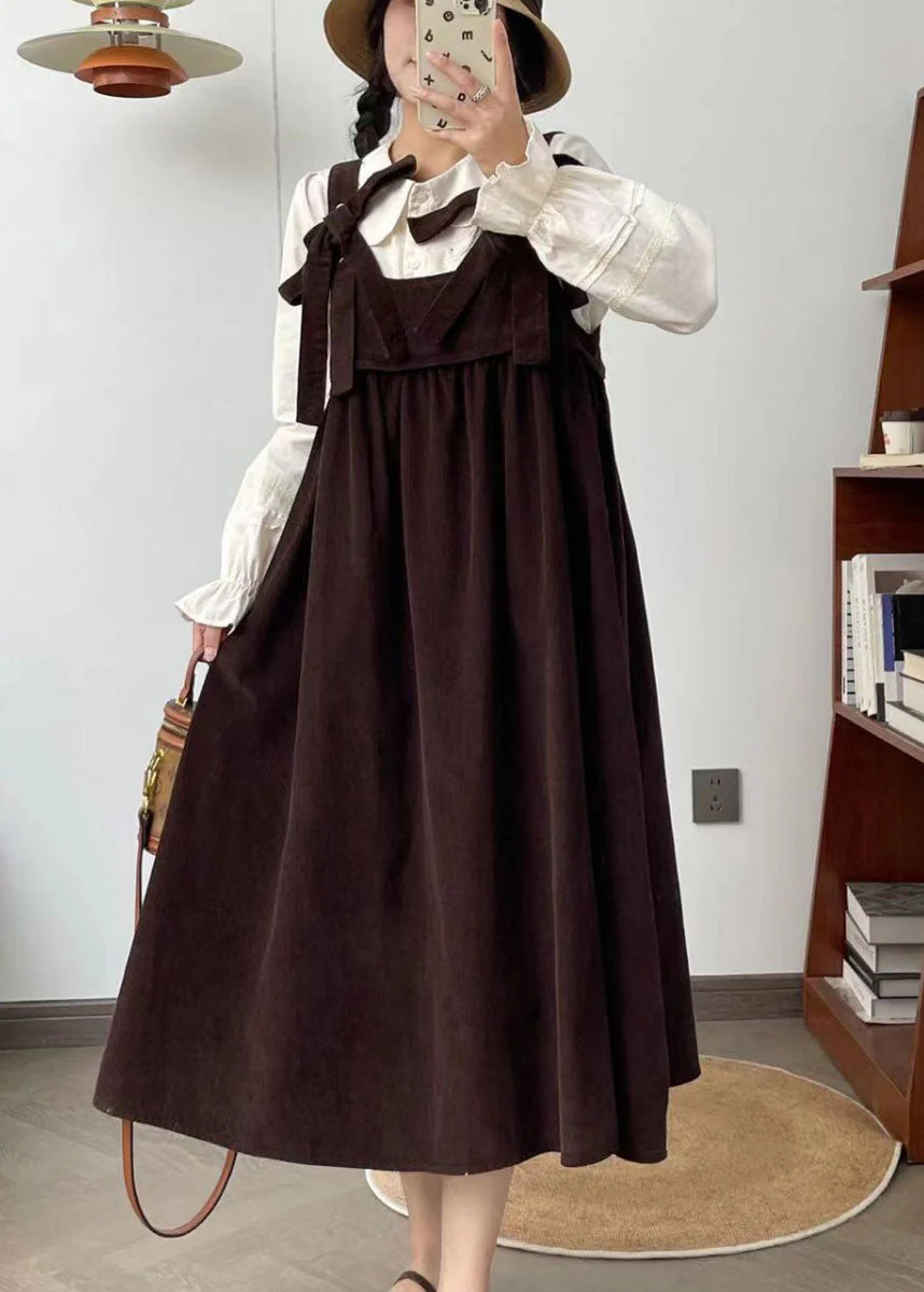 French Black Bow Corduroy Shoulder Strap Dresses Summer - Image 2