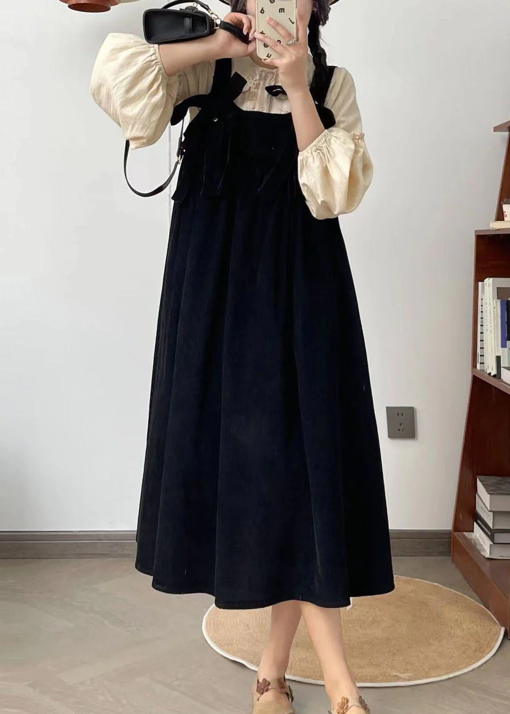 French Black Bow Corduroy Shoulder Strap Dresses Summer - Image 3