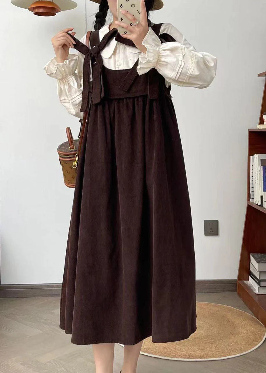 French Black Bow Corduroy Shoulder Strap Dresses Summer - Image 4