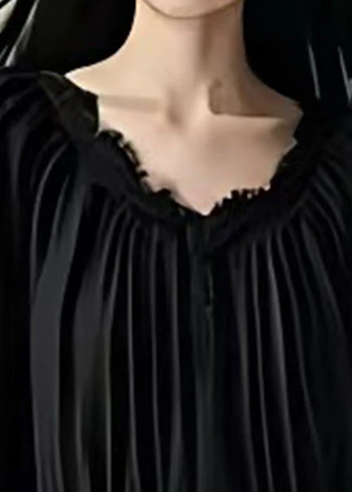 French Black Cinched Exra Large Hem Cotton Long Dress Summer - Image 2