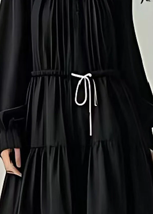 French Black Cinched Exra Large Hem Cotton Long Dress Summer - Image 3