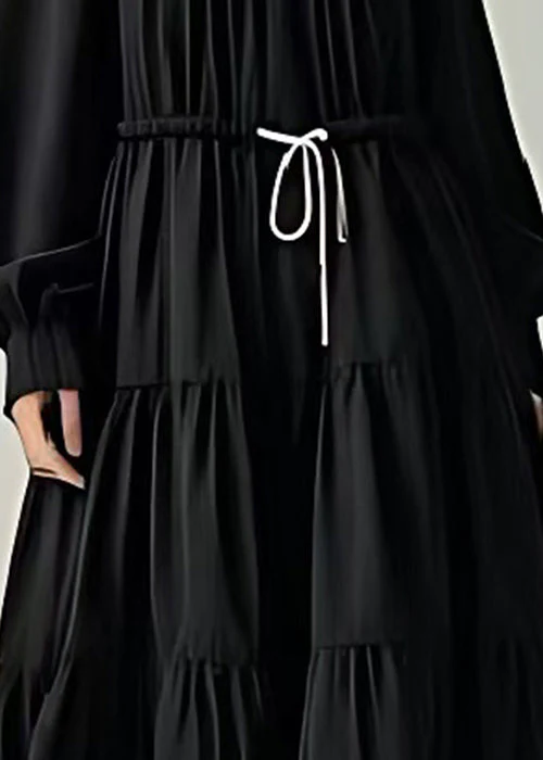 French Black Cinched Exra Large Hem Cotton Long Dress Summer - Image 4