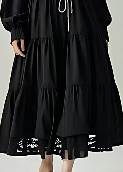 French Black Cinched Exra Large Hem Cotton Long Dress Summer - Image 5