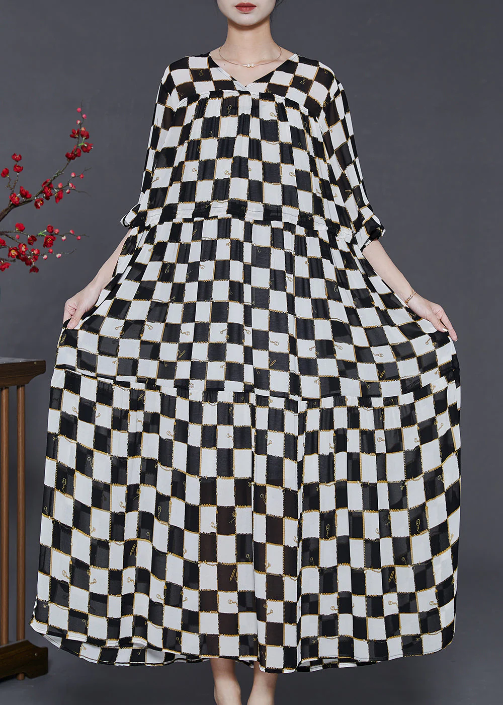 French Black Cinched Plaid Chiffon Long Dress Summer - Image 2