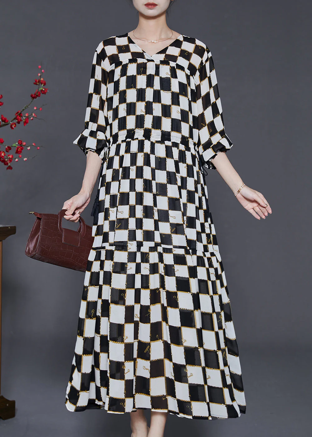 French Black Cinched Plaid Chiffon Long Dress Summer - Image 3