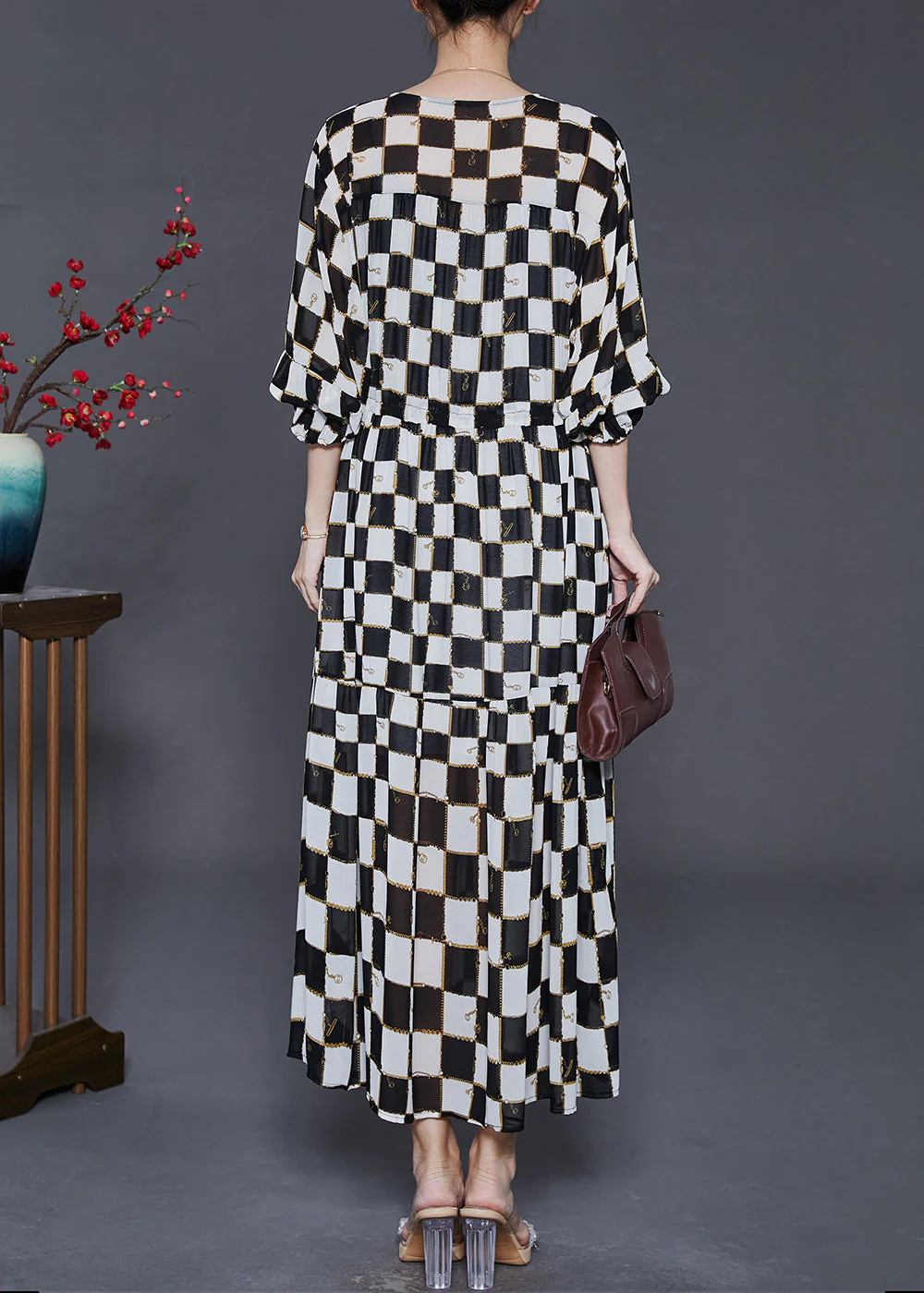 French Black Cinched Plaid Chiffon Long Dress Summer - Image 4