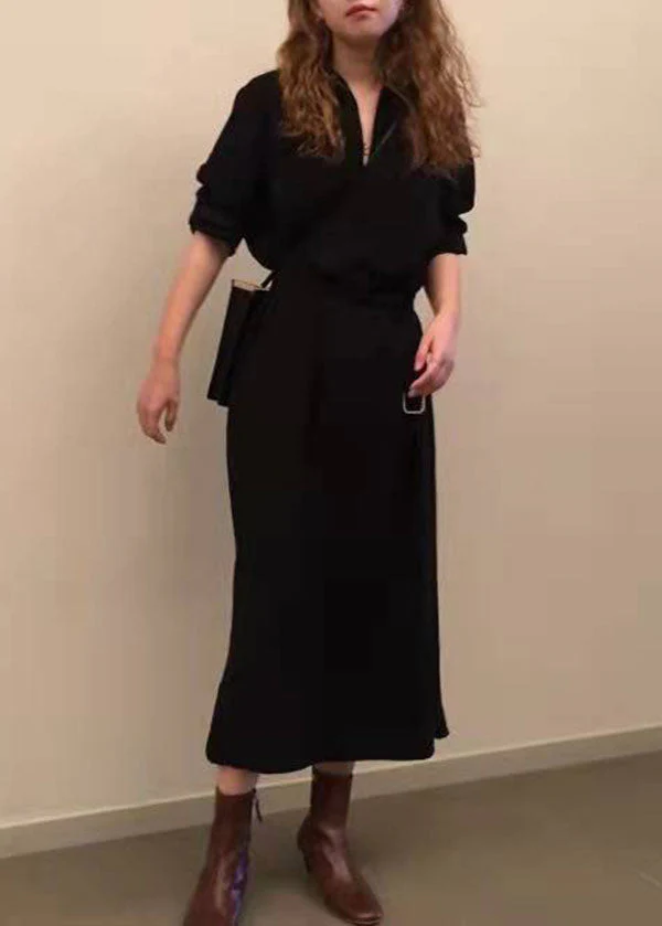 French Black Cinched side open Cotton Dresses Half Sleeve - Image 3