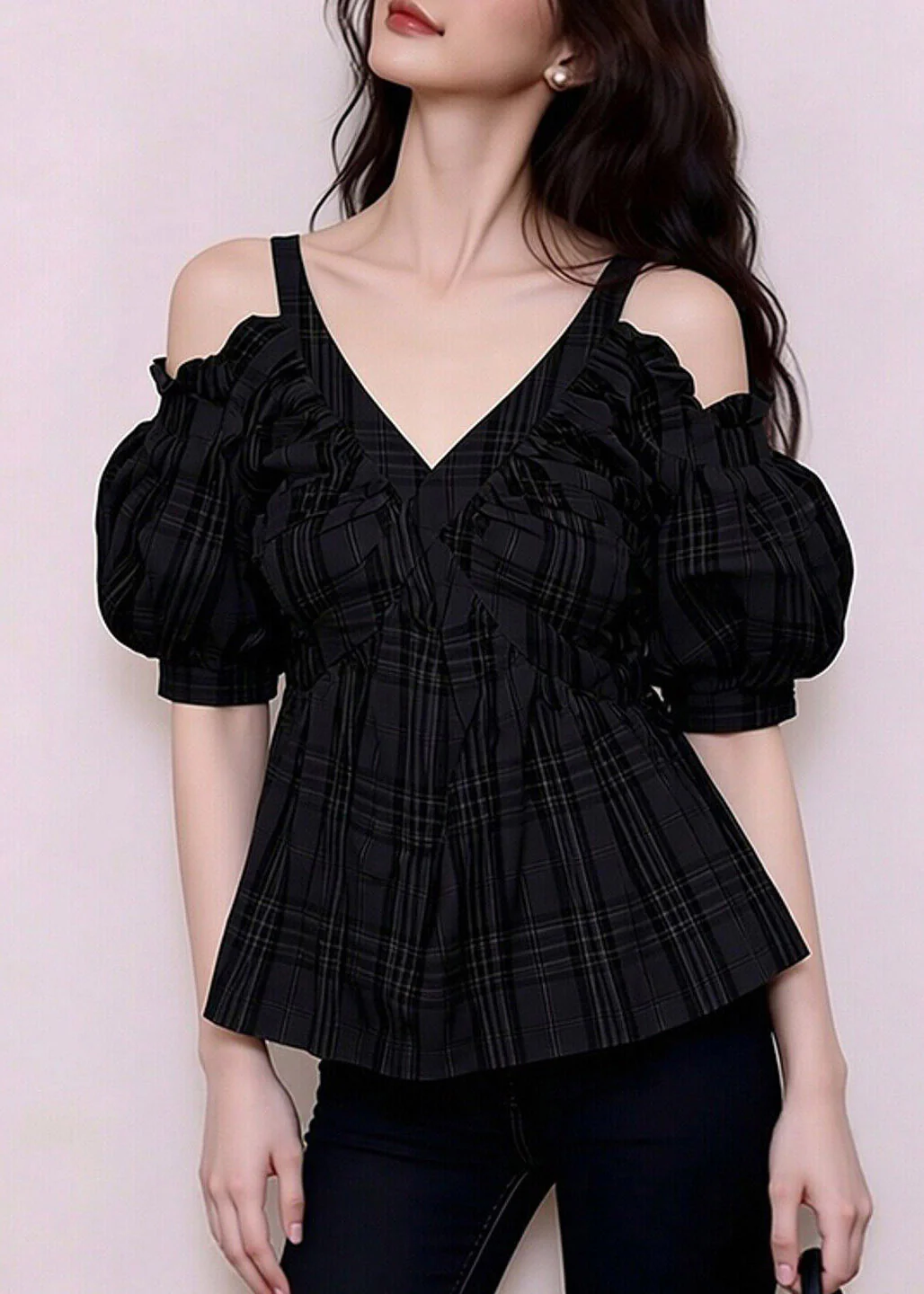 French Black Cold Shoulder Flattering Shirts Short Sleeve - Image 3