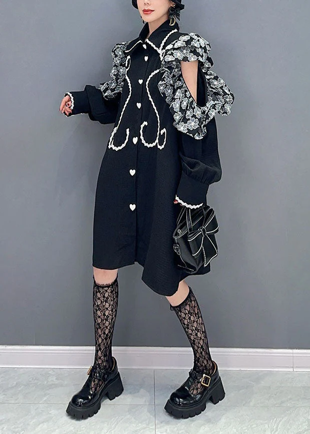 French Black Cold Shoulder Patchwork Ruffles Cotton Dress Summer - Image 3
