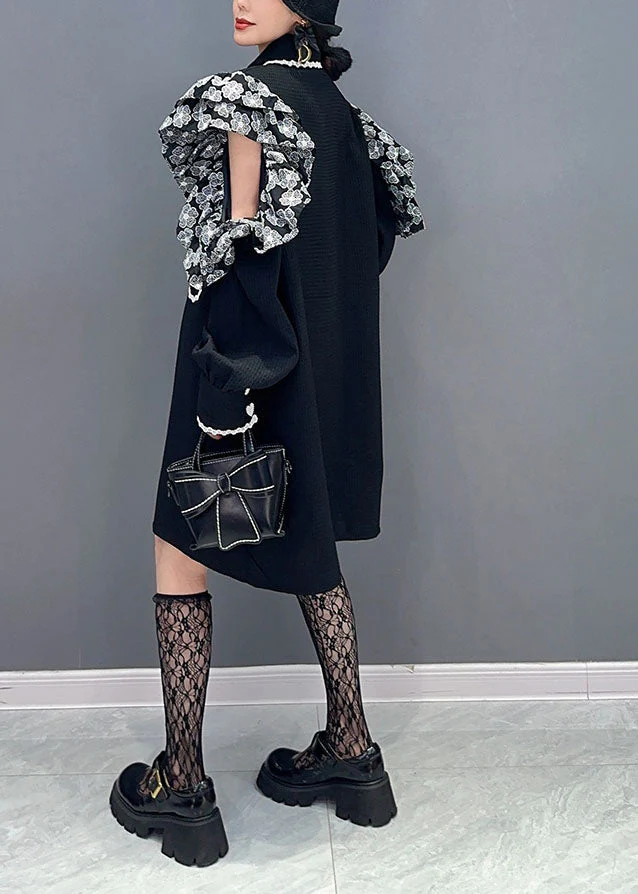 French Black Cold Shoulder Patchwork Ruffles Cotton Dress Summer - Image 4
