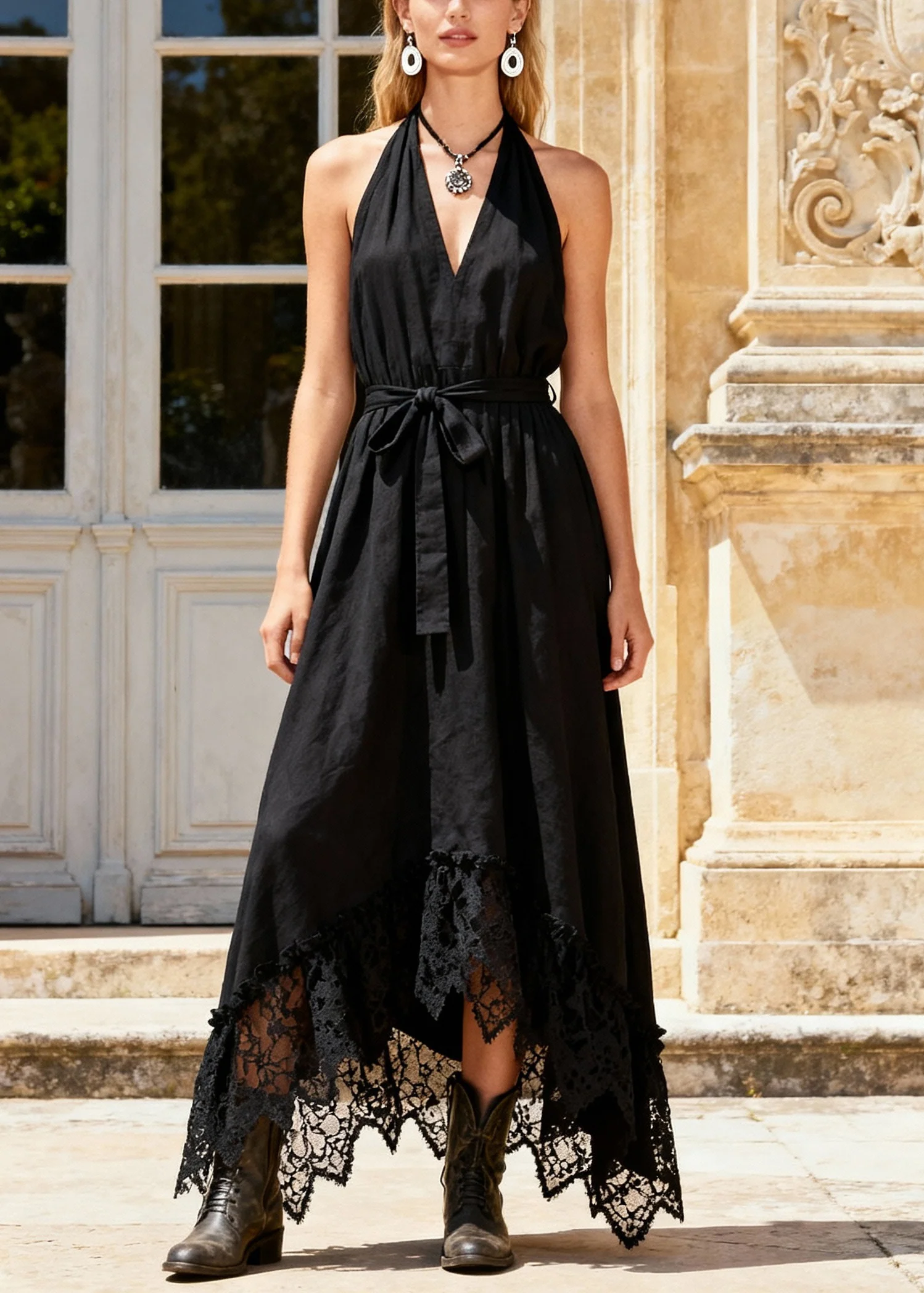 French Black Cold Shoulder Tie Waist Maxi Dress Sleeveless - Image 3