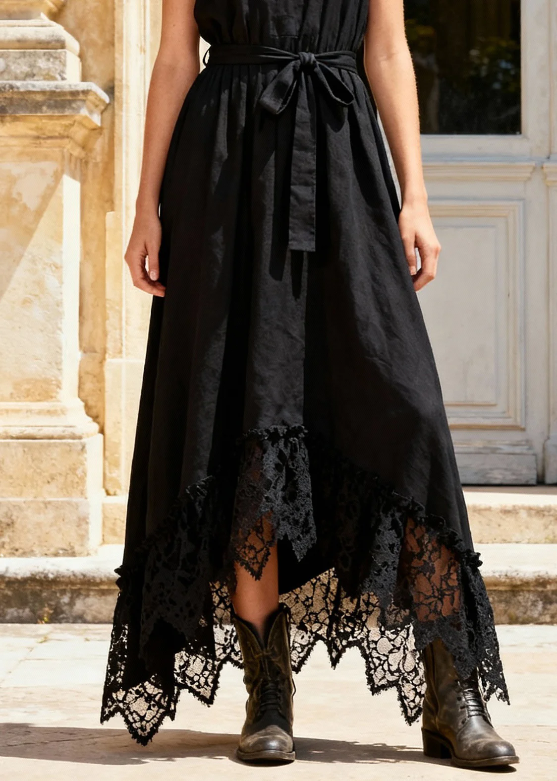 French Black Cold Shoulder Tie Waist Maxi Dress Sleeveless - Image 4