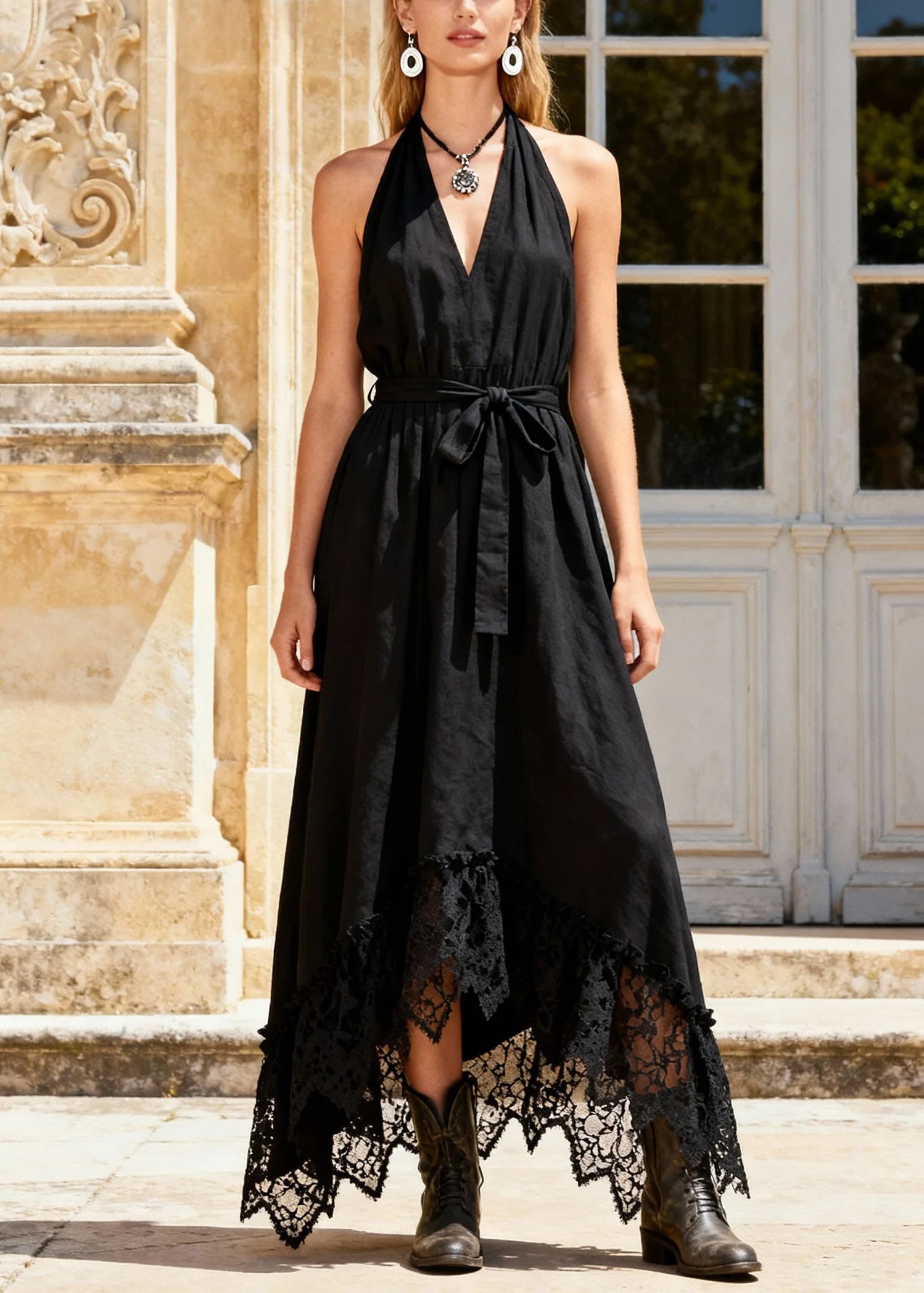 French Black Cold Shoulder Tie Waist Maxi Dress Sleeveless - Image 5