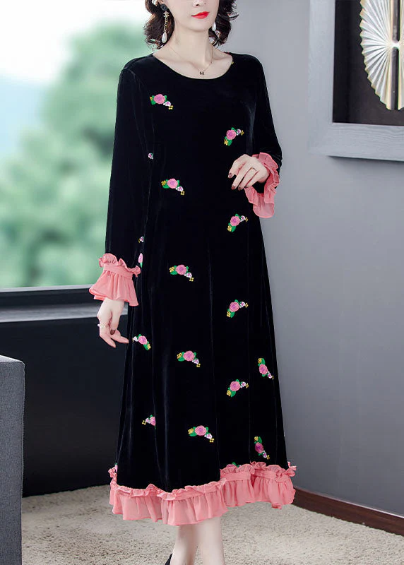 French Black Embroideried Floral Velour Dress Spring - Image 2