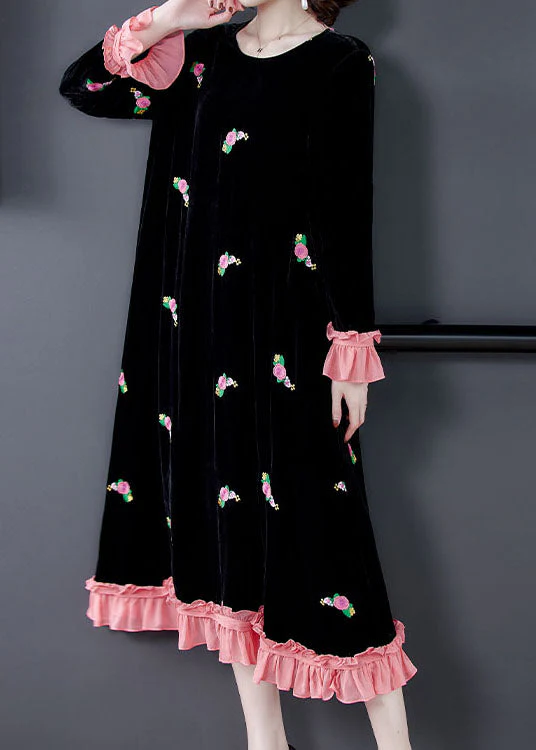 French Black Embroideried Floral Velour Dress Spring - Image 3
