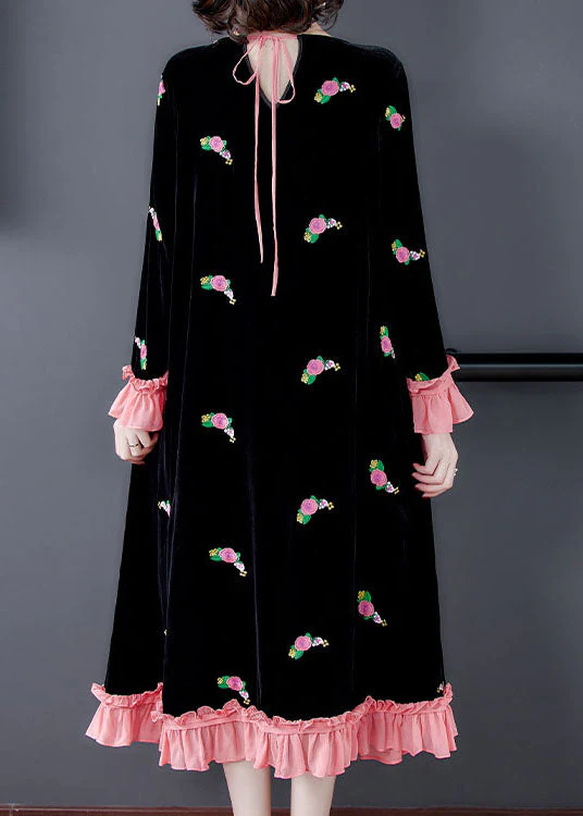 French Black Embroideried Floral Velour Dress Spring - Image 4
