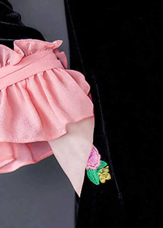 French Black Embroideried Floral Velour Dress Spring - Image 5