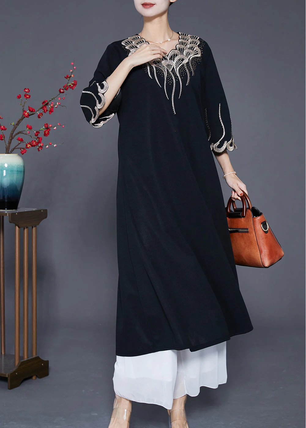 French Black Embroideried Zircon Exra Large Hem Long Dresses Summer - Image 2