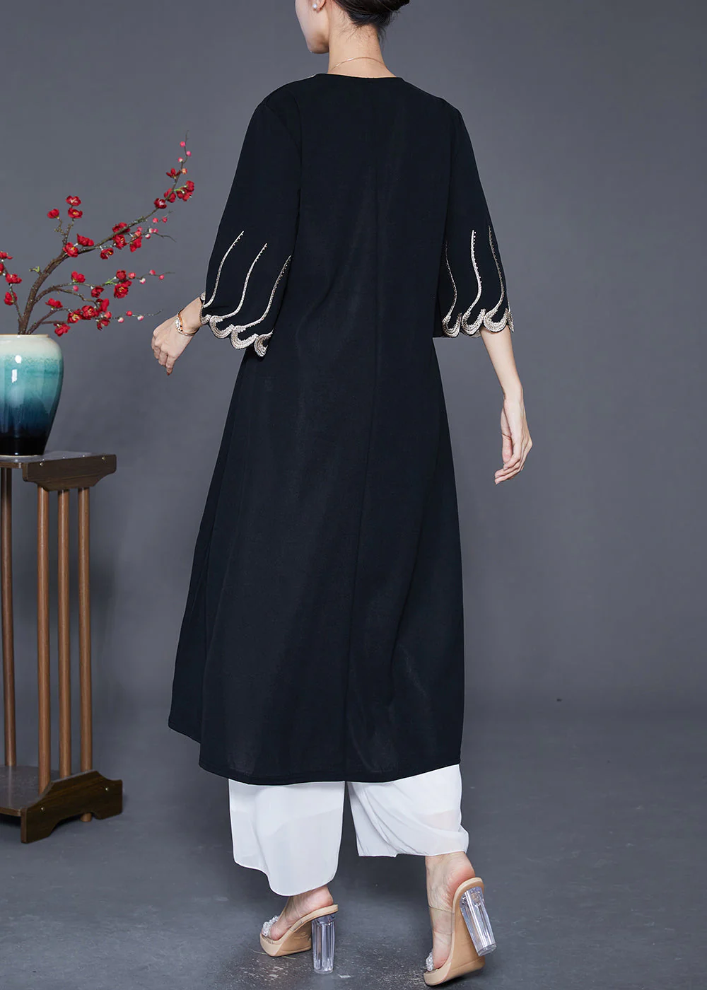 French Black Embroideried Zircon Exra Large Hem Long Dresses Summer - Image 4