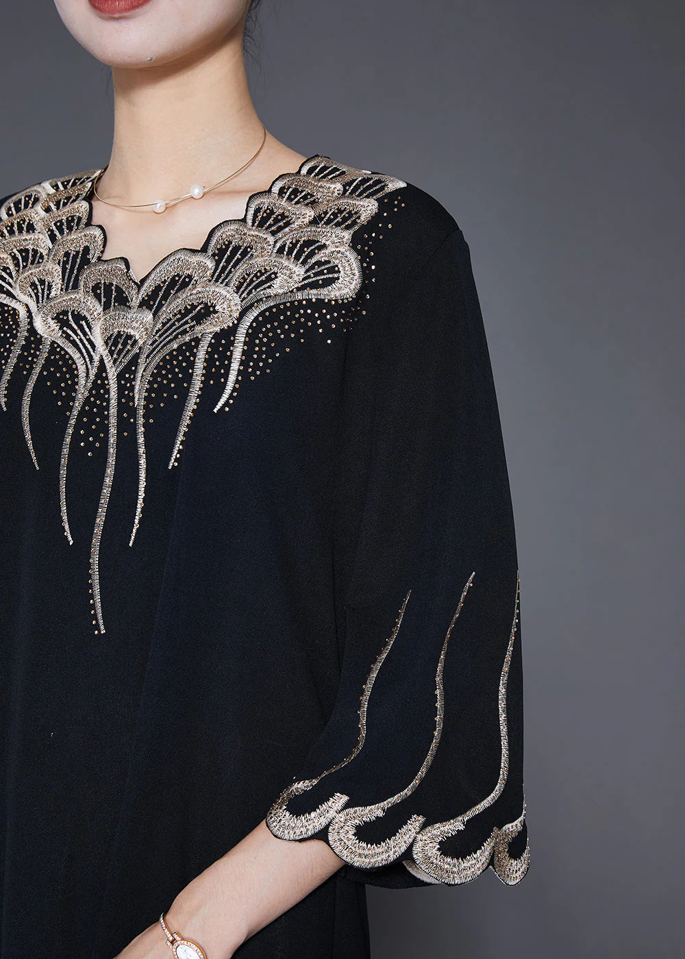 French Black Embroideried Zircon Exra Large Hem Long Dresses Summer - Image 5