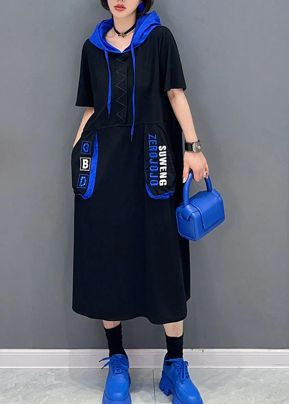 French Black Graphic Print Patchwork Vacation Hooded Maxi Dresses Short Sleeve - Image 2