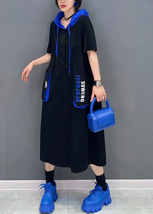 French Black Graphic Print Patchwork Vacation Hooded Maxi Dresses Short Sleeve - Image 3