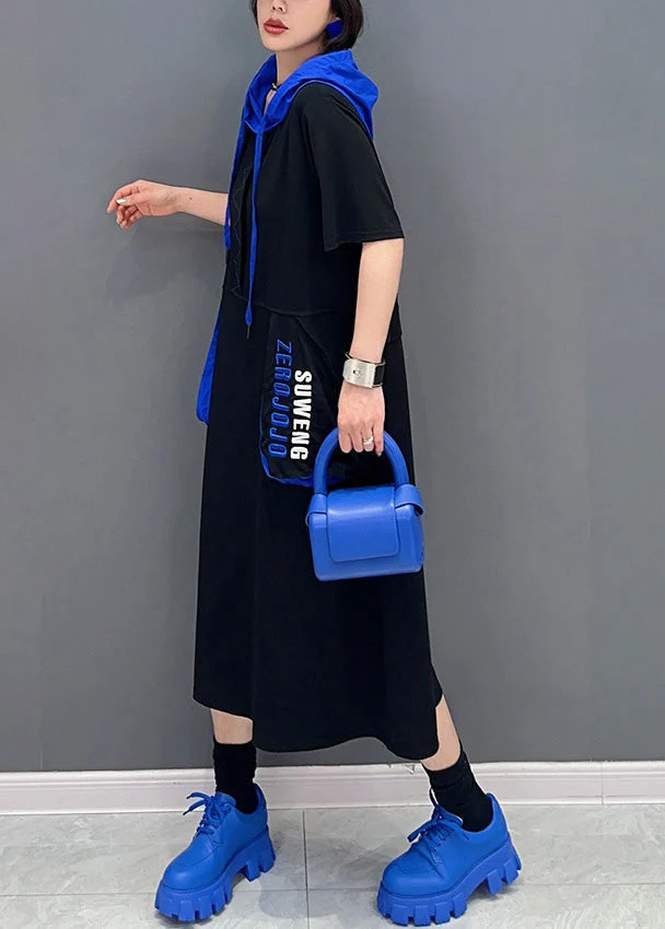 French Black Graphic Print Patchwork Vacation Hooded Maxi Dresses Short Sleeve - Image 4