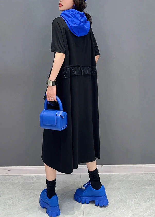 French Black Graphic Print Patchwork Vacation Hooded Maxi Dresses Short Sleeve - Image 5