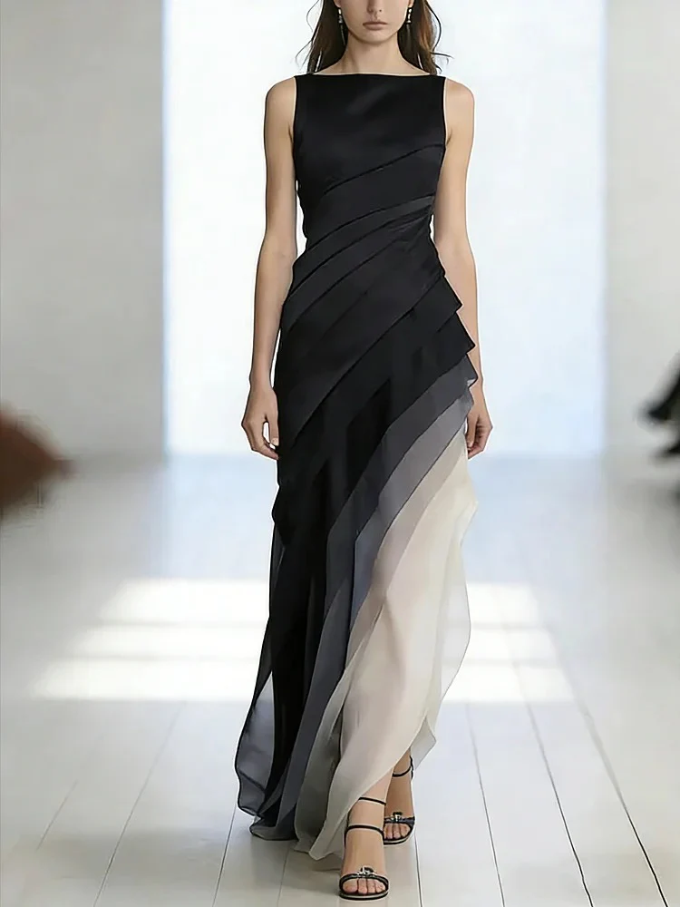 French Black High Waist Patchwork Tulle Maxi Dresses Sleeveless