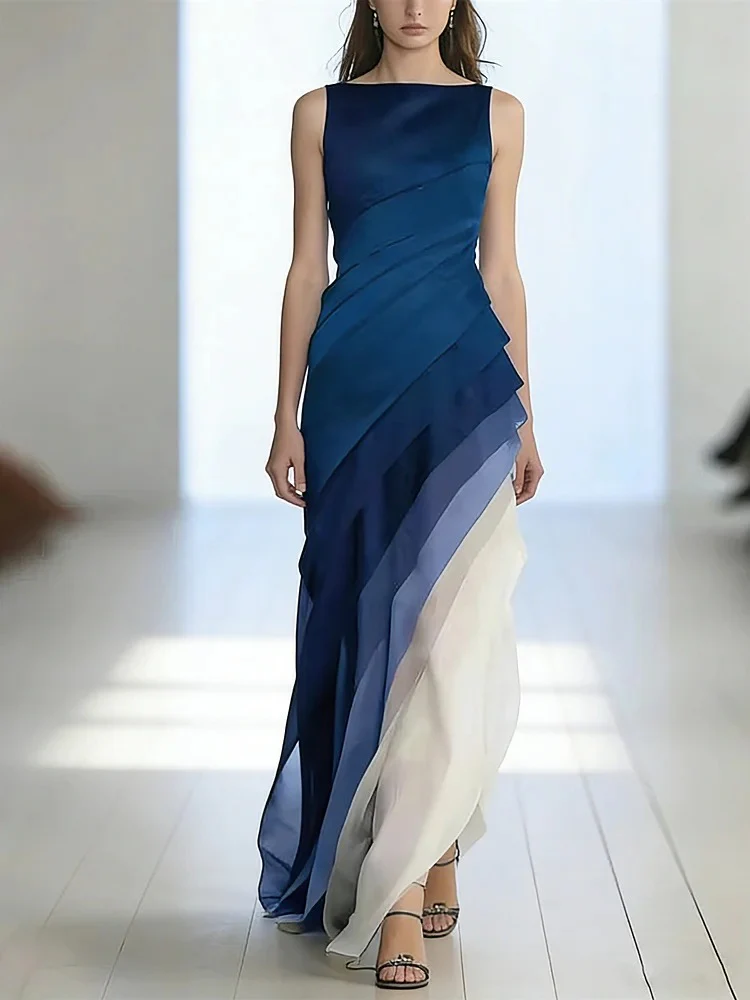 French Black High Waist Patchwork Tulle Maxi Dresses Sleeveless - Image 2