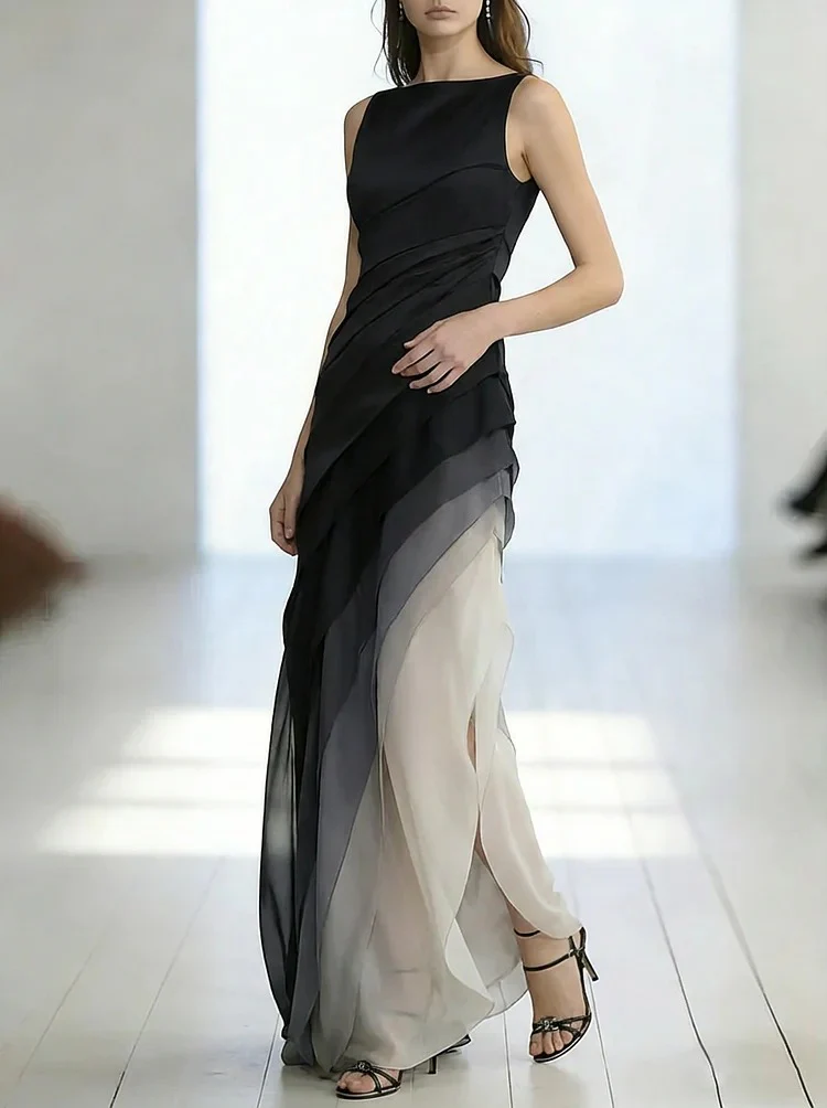 French Black High Waist Patchwork Tulle Maxi Dresses Sleeveless - Image 4