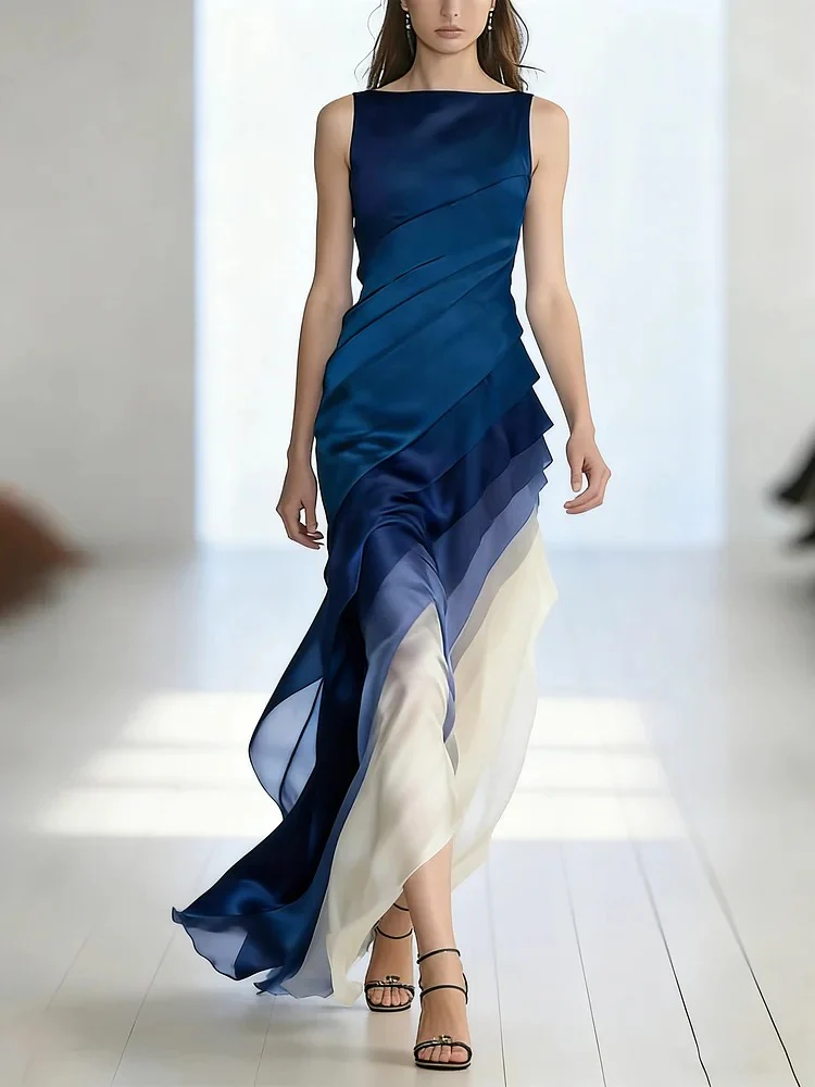 French Black High Waist Patchwork Tulle Maxi Dresses Sleeveless - Image 7