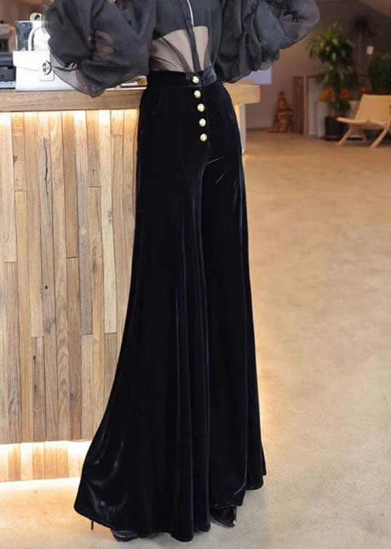French Black High Waist Single Breast Silk Velvet Flare Bottoms Spring - Image 3