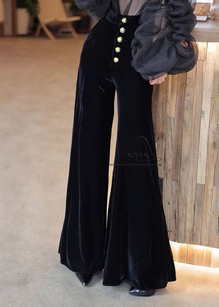 French Black High Waist Single Breast Silk Velvet Flare Bottoms Spring - Image 4