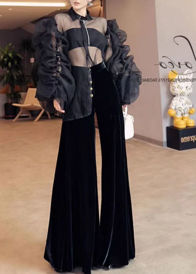 French Black High Waist Single Breast Silk Velvet Flare Bottoms Spring - Image 5
