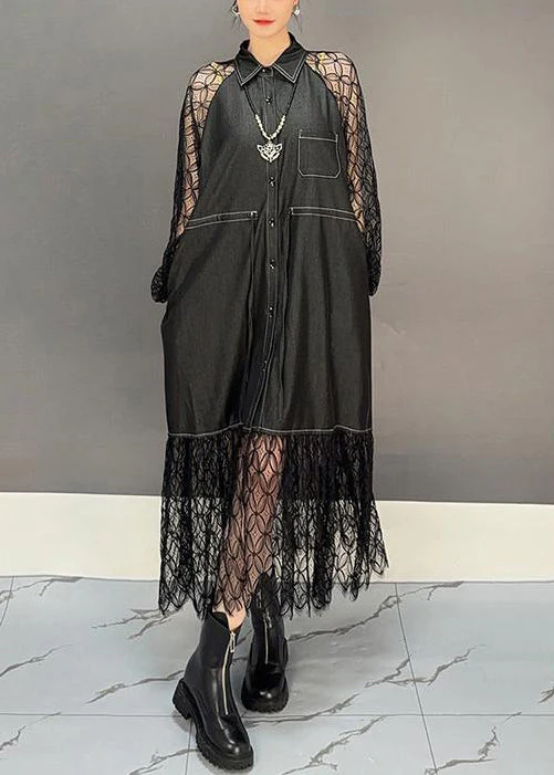 French Black Hollow Out Lace Patchwork Shirts Dress Fall - Image 2