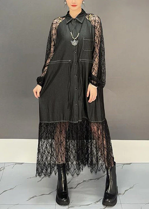 French Black Hollow Out Lace Patchwork Shirts Dress Fall - Image 3