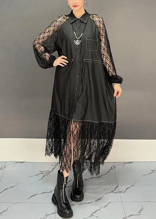 French Black Hollow Out Lace Patchwork Shirts Dress Fall - Image 4