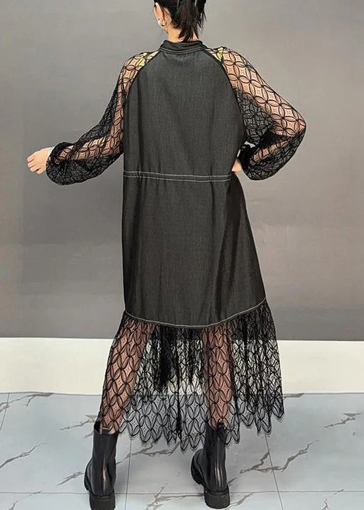 French Black Hollow Out Lace Patchwork Shirts Dress Fall - Image 5