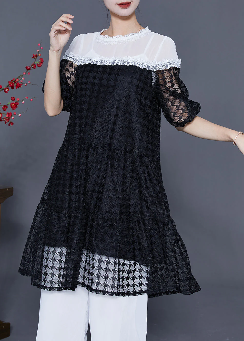 French Black Hollow Out Patchwork Tulle Party Dress Summer - Image 2