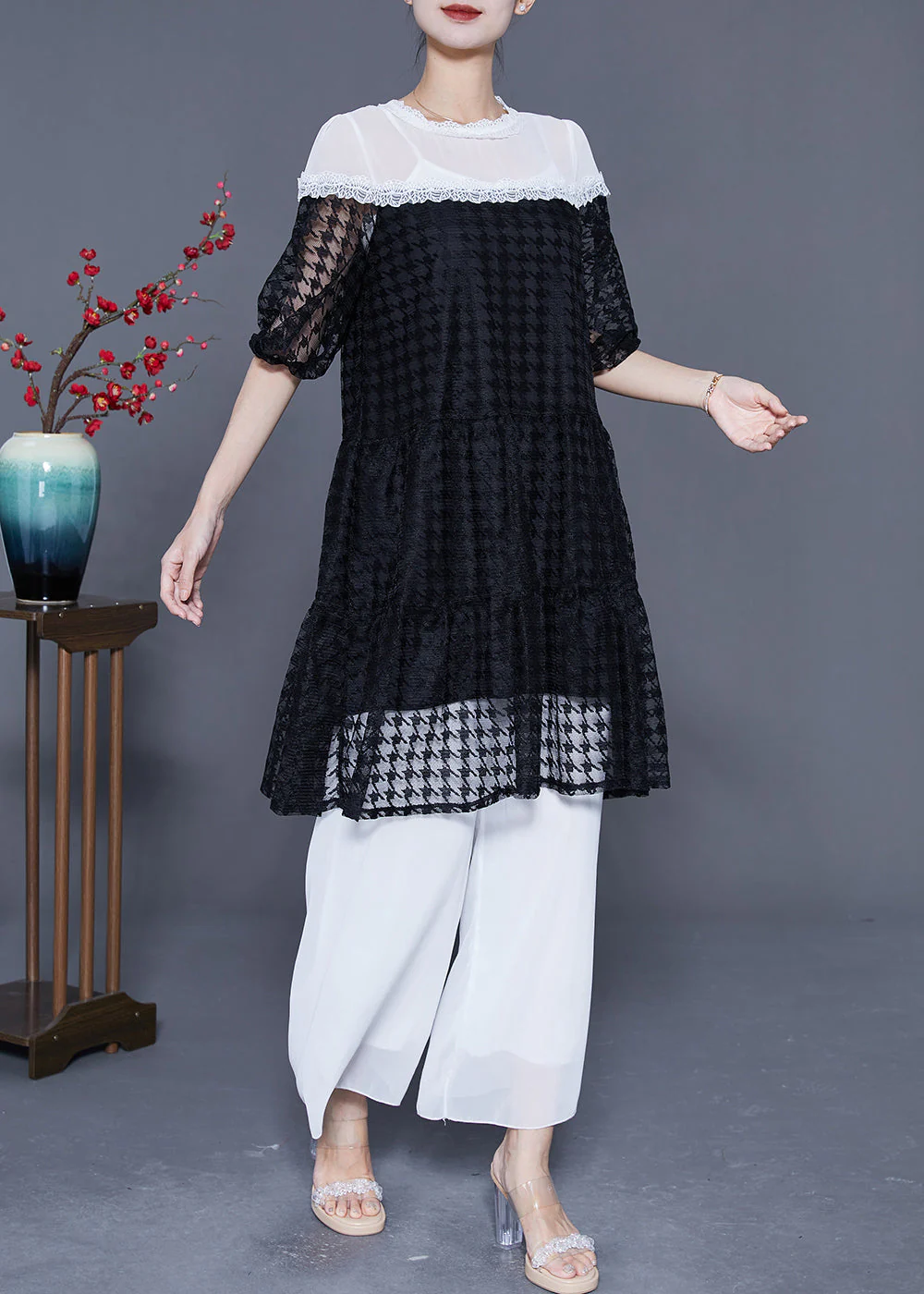French Black Hollow Out Patchwork Tulle Party Dress Summer - Image 3
