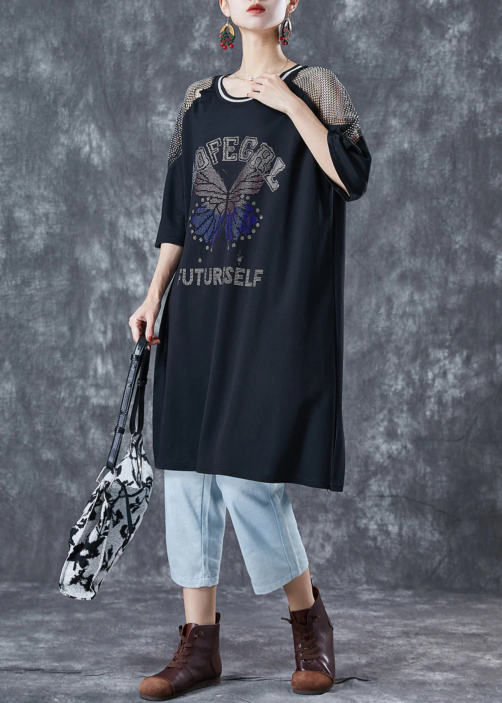 French Black Hollow Out Patchwork Zircon Butterfly Cotton Dresses Summer - Image 3