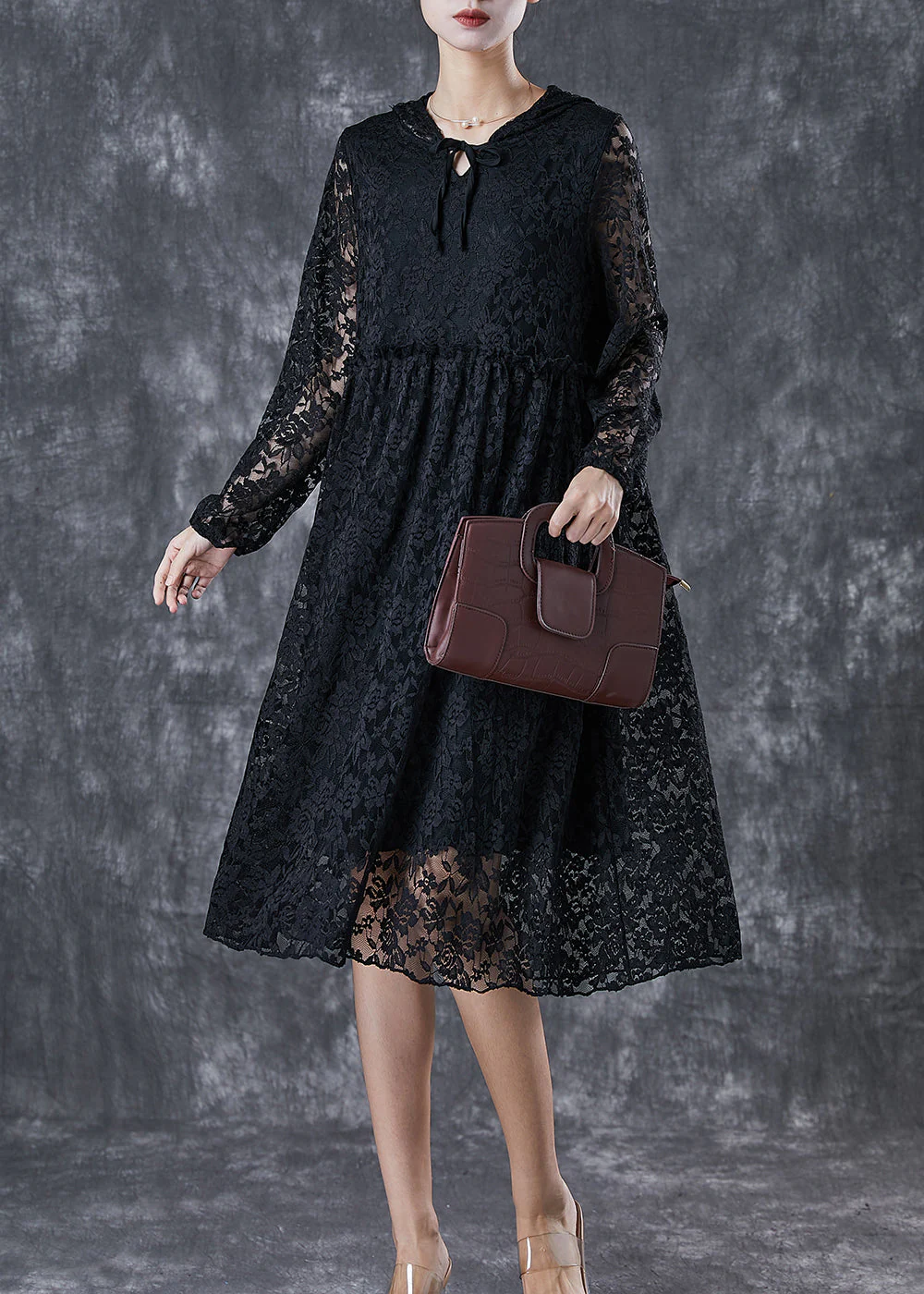 French Black Hooded Hollow Out Lace Maxi Dresses Fall - Image 2