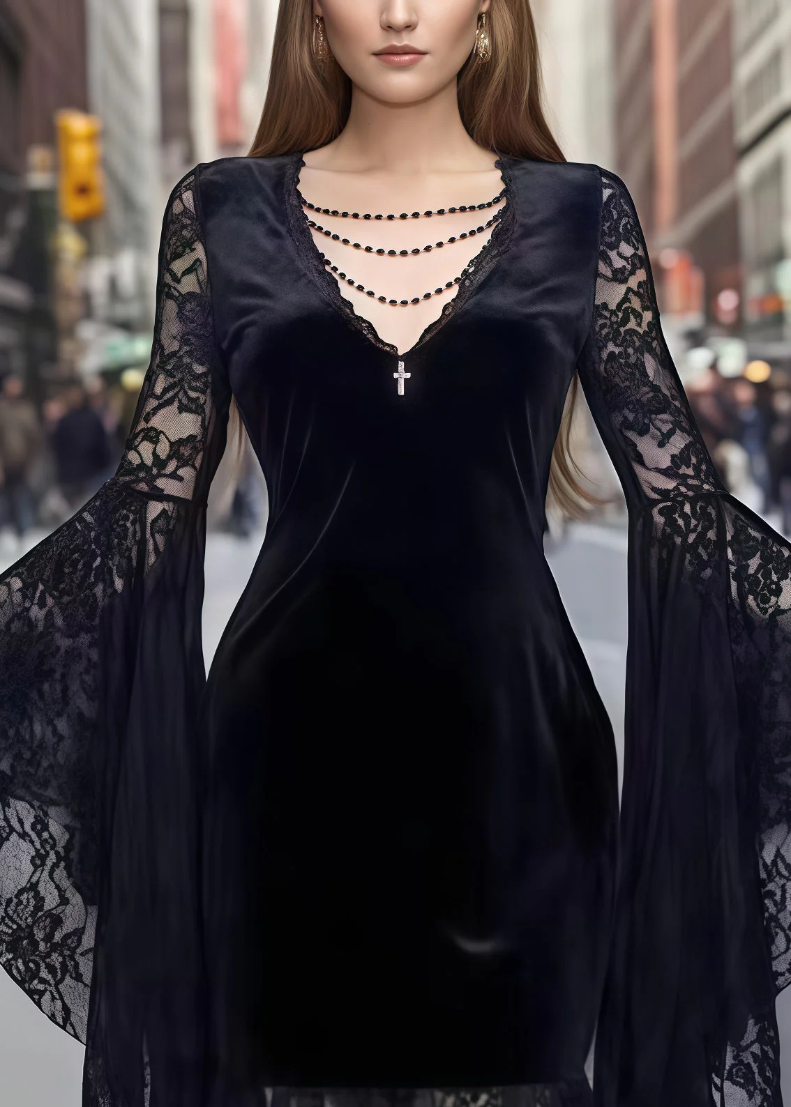 French Black Lace Patchwork Silk Velvet Evening Dresses Flare Sleeve - Image 2