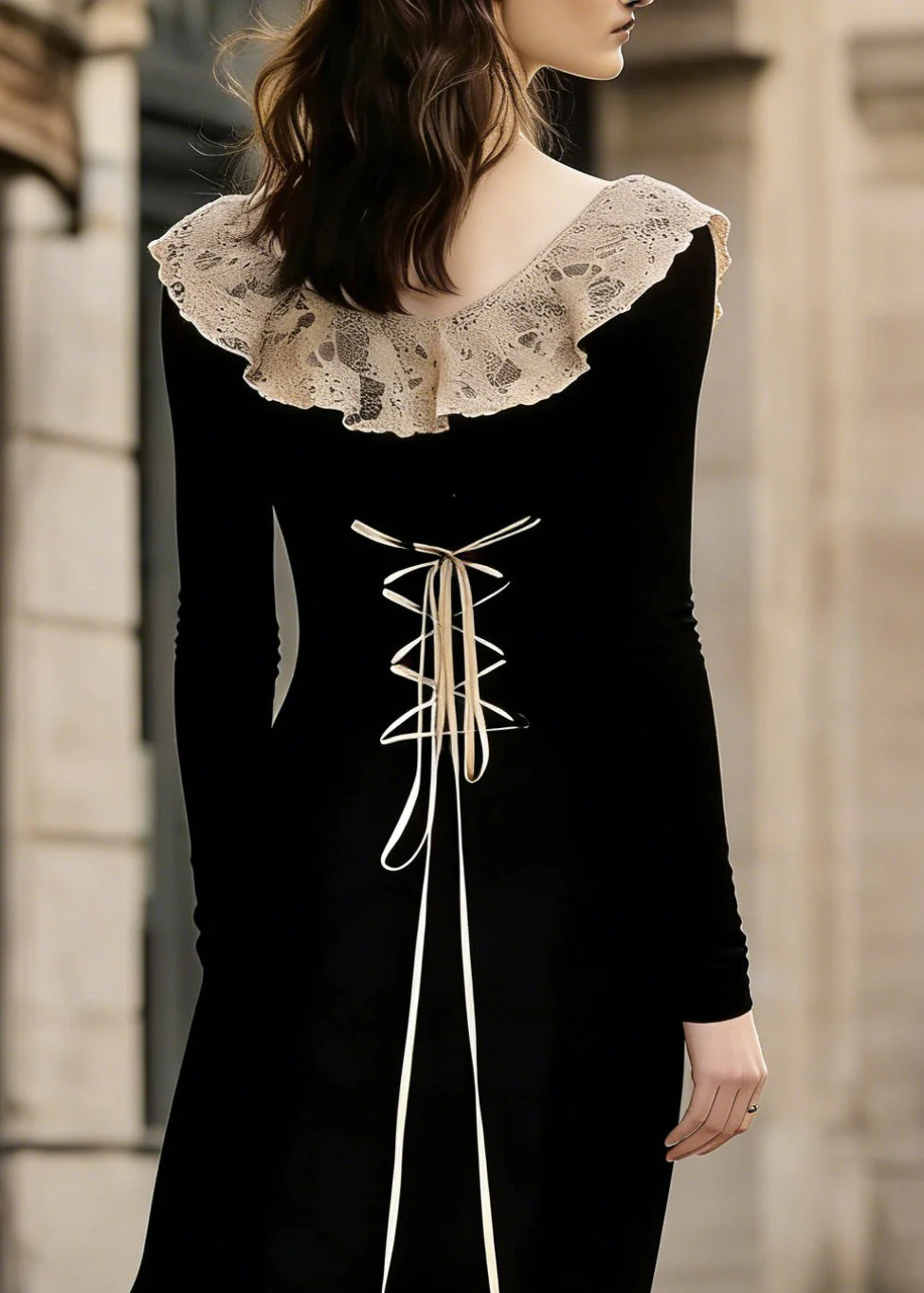 French Black Lace Patchwork Wear On Both Sides Cotton Maxi Dress Lace Up Spring - Image 2