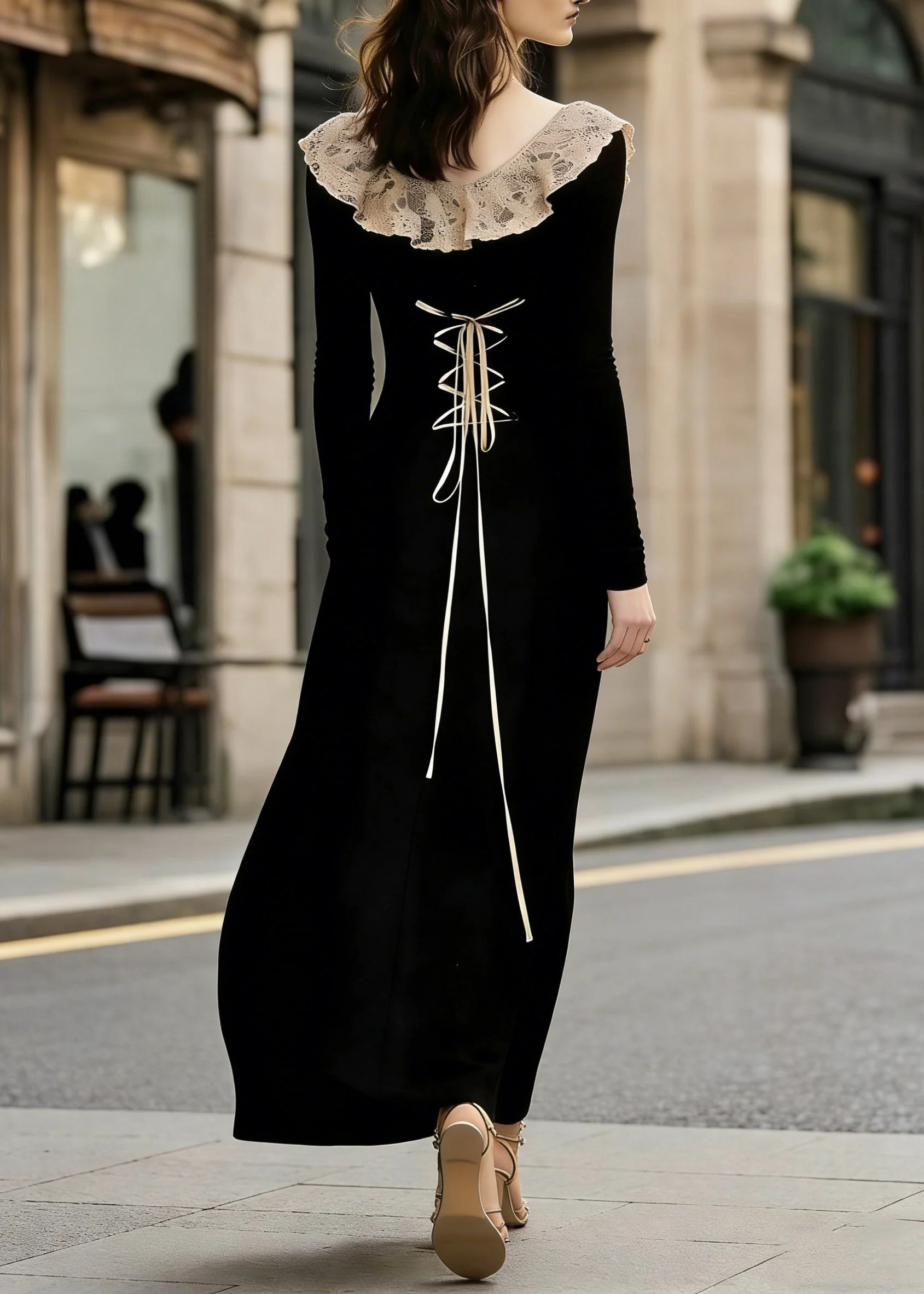 French Black Lace Patchwork Wear On Both Sides Cotton Maxi Dress Lace Up Spring - Image 5