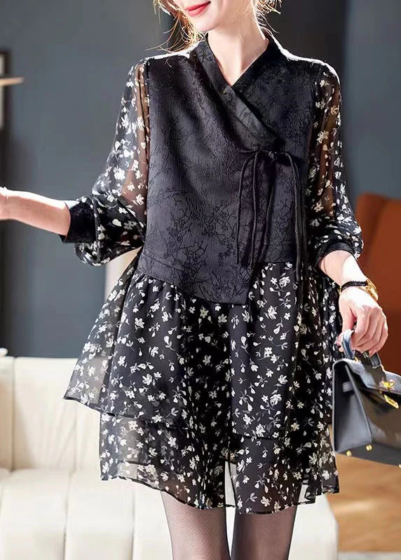 French Black Lace Up Print Patchwork Chiffon Mid Dress Spring - Image 2