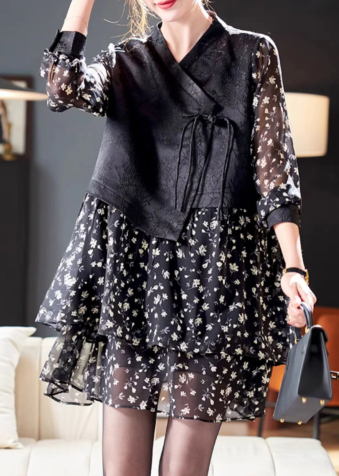 French Black Lace Up Print Patchwork Chiffon Mid Dress Spring - Image 3
