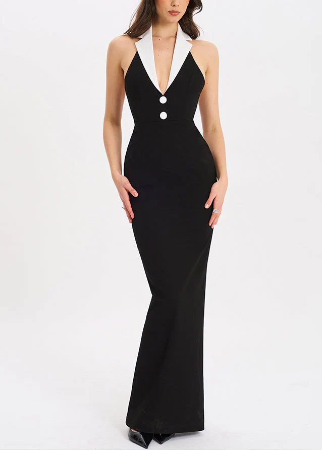 French Black Notched Backless Side Open Cotton Long Dresses Sleeveless